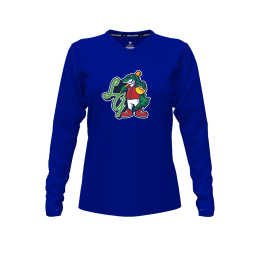 [CUS-DFW-TEES-CMF-VNK-LSL-RYL-FYXS-LOGO2] Decker Comfort T-Shirt (Female Youth XS, Royal, V Neck, Logo 2, Long Sleeve)