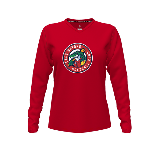 [FTLVCFRD-FYXS-LOGO3] Decker Comfort T-Shirt (Female Youth XS, Red, V Neck, Logo 3, Long Sleeve)