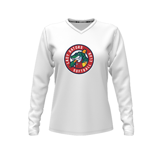 [CUS-DFW-TEES-PER-VNK-LSL-WHT-FYXS-LOGO3] Performance T-Shirt (Female Youth XS, White, V Neck, Logo 3, Long Sleeve)