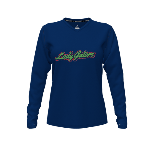 [CUS-DFW-TEES-CMF-VNK-LSL-NVY-FYXS-LOGO1] Decker Comfort T-Shirt (Female Youth XS, Navy, V Neck, Logo 1, Long Sleeve)