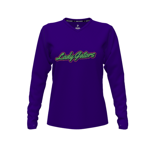 [CUS-DFW-TEES-PER-VNK-LSL-PUR-FYXS-LOGO1] Decker Performance T-Shirt (Female Youth XS, Purple, V Neck, Logo 1, Long Sleeve)